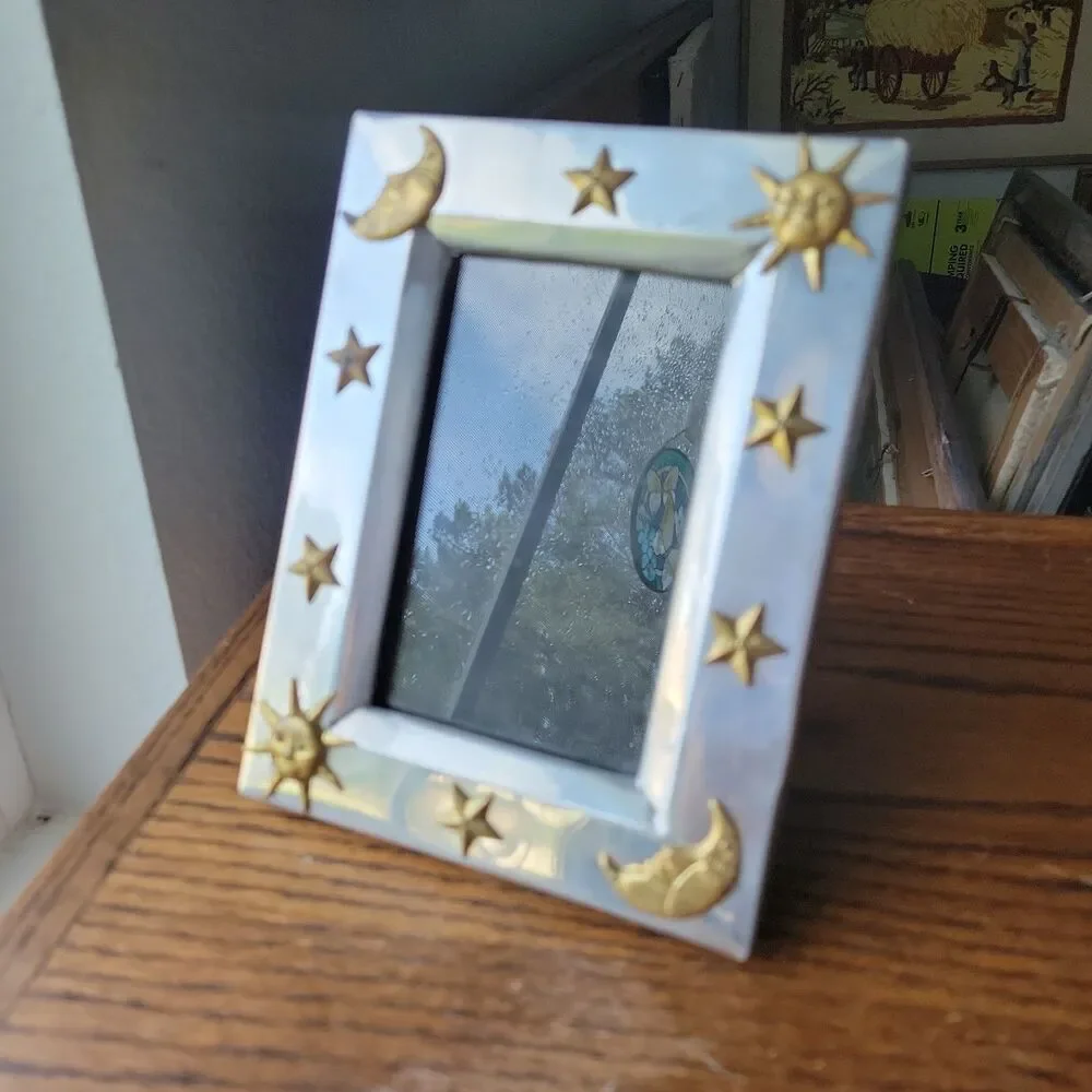 Vtg 90s celestial photo frame 4x6 in pewter and gold RARE READ Y2k Moon Sun Star
